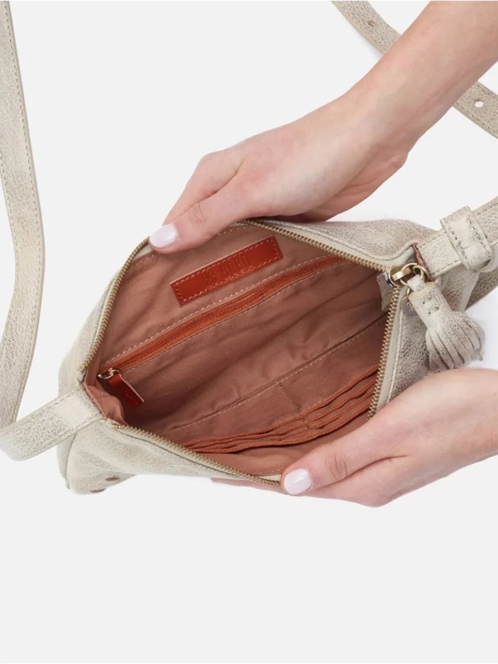 HOBO Cream Leather Crossbody with Tassel and Whipstitch Detail